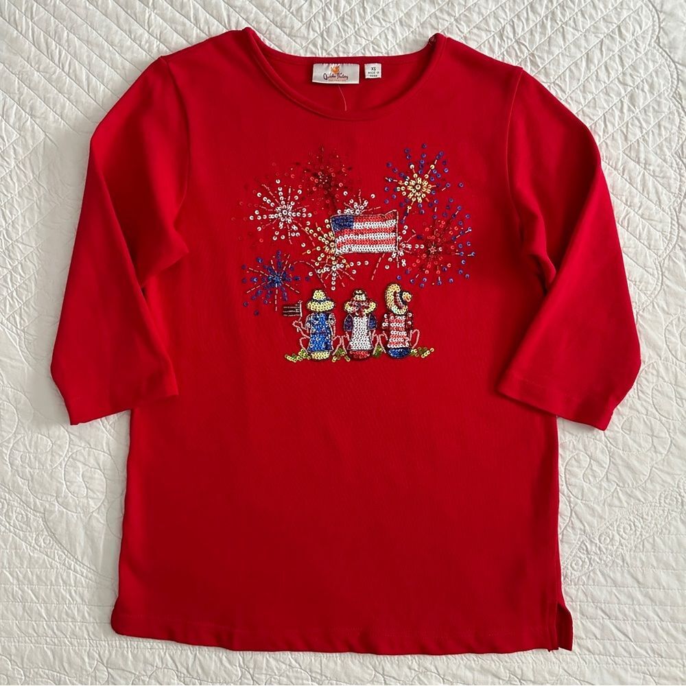 Quacker Factory Red Embellished Americana Top